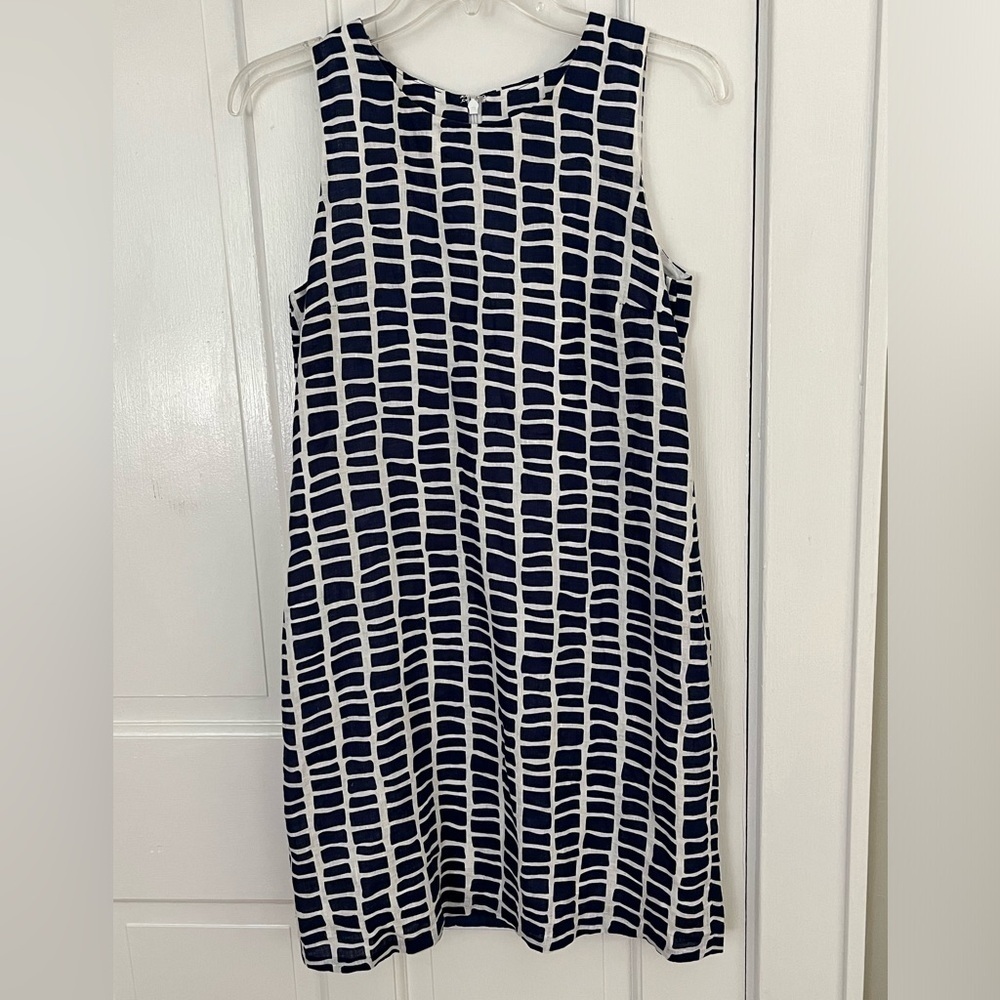 Island Company Windowpane Navy White Sleeveless 100% Linen Classic Shift Dress S